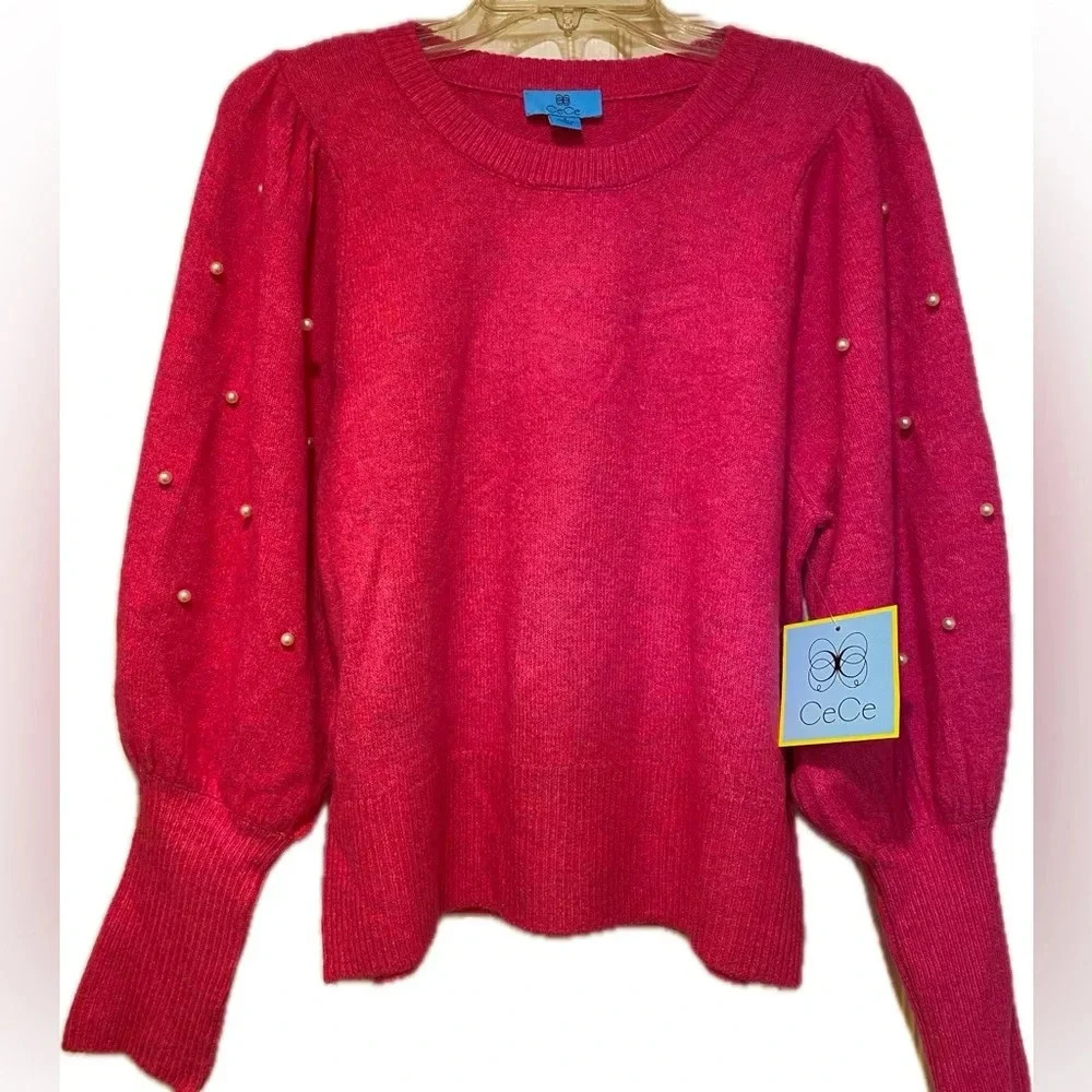 Cece women’s pink sweater pearl accents pullover acrylic long wristbands NEW S